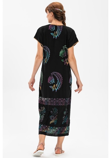 Kısa Kol Pamuk Hitit Uzun Elbise Yaprak Renkli Yprk Renkl-yaprak Renkli Siyah