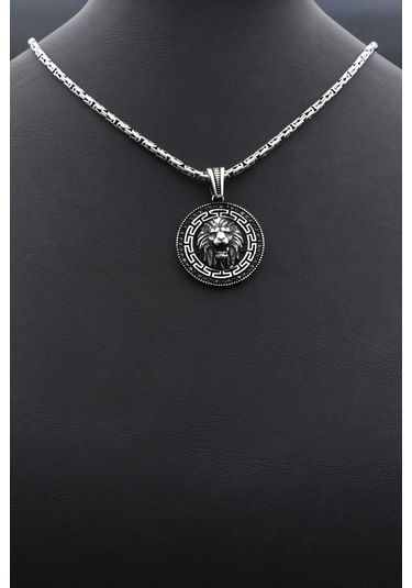 Grek Desenli Aslan Figürlü 925 Ayar Gümüş Kolye Kral Zincir 2mm 902422 Gümüş