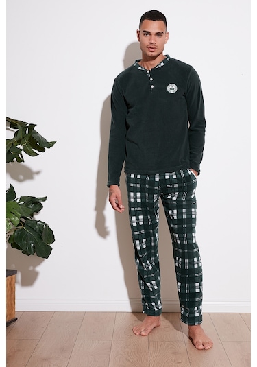 Buratti Ekoseli Regular Fit Düğmeli Bisiklet Yaka Kışlık Polar Erkek Pijama Takımı 60961002 Yeşil