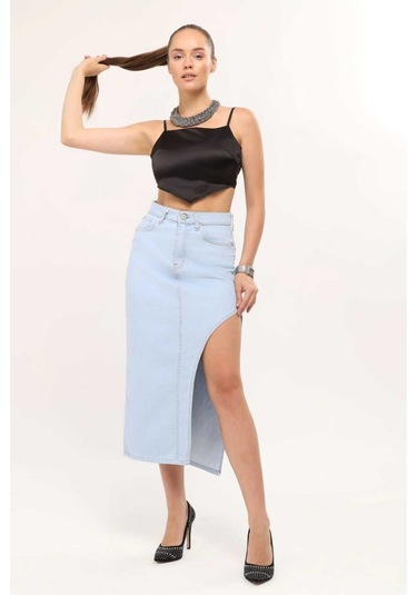 Shevega Kadın Buz Mavi Uzun Ön Parçali Asimetrik Kot Etek Buz Mavi