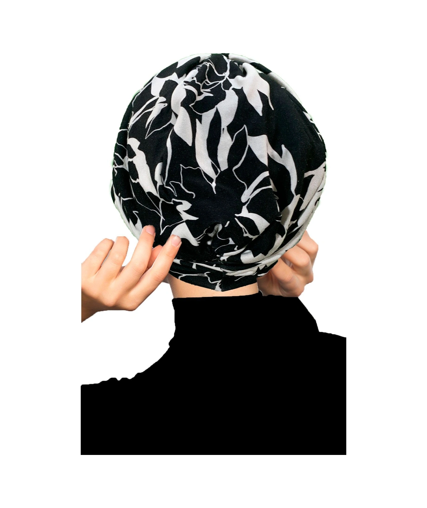 Desenli Çapraz Penye Siyah Çiçek Motifli Hazır Türban Tesettür Havuz Bonesi Siyah-krem