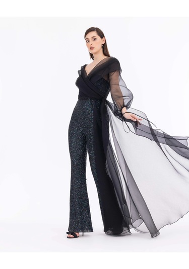 Straplez Yaka Payetli Abiye Tulum-siyah Siyah
