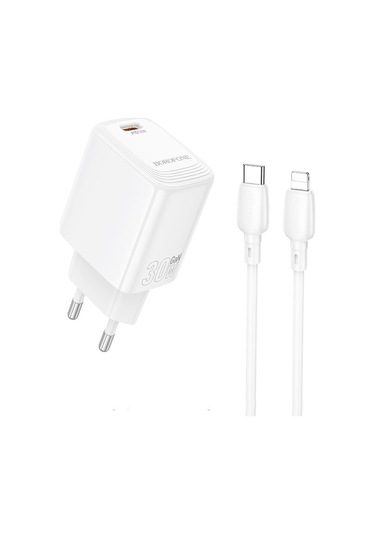 Borofone Bn28 Fuente Tek Portlu Pd30w Şarj Cihazı 1m Tip-c İle 8 Pinli Kablo, Fiş Tipi: Ab Fiş Beyaz Beyaz