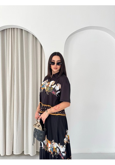 Asprinfashion Plise Etekli Baskılı Bayan Gömlek Etek Takım Siyah