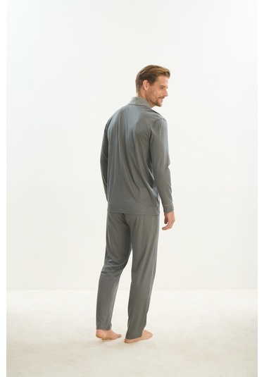 Erkek Uzun Kol Gömlek Yaka Önden Düğmeli Yeşil Pijama Takım C7t2n5o9 001