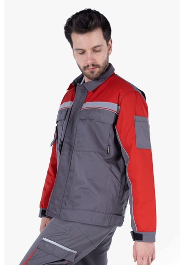 İş Montu Reflektörlü Cepli Kapitoneli Gri - Kırmızı