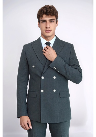 Gümüş Renk Metal Düğmeli Slim Fit Kruvaze Koyu Gri Erkek Takım Elbise Wessi Füme