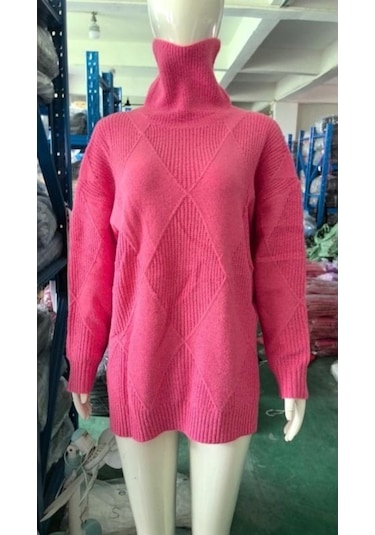 Fastbuy Bej Renk Kadın Büyük Beden Bol Mizaçlı Seyahat Örme Kazak, Yüksek Yaka, Düz Desen Kazak Bej