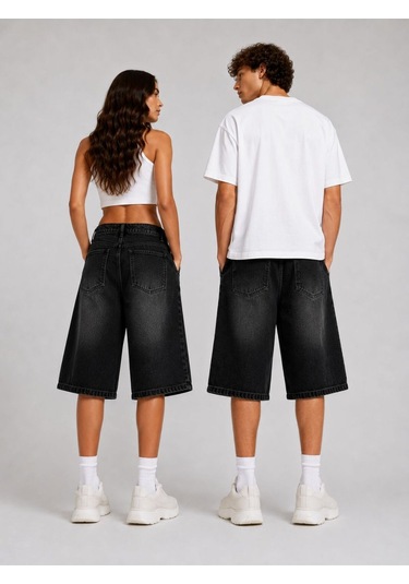 St.poll Eskitme Yıkama Unisex Baggy Denim Şort Siyah