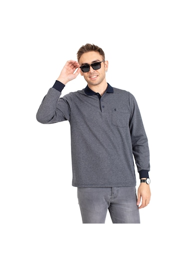 Erkek Orta Yaş ve Üzeri Polo Yaka Cepli Uzun Kollu Fitilli Mevsimlik Sweatshirt 1219-Gri-Gri