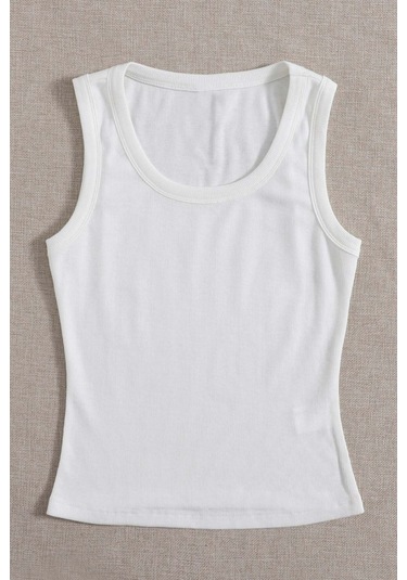 Merry See Düz Renk Kadın Kolsuz Bluz Crop Top Beyaz