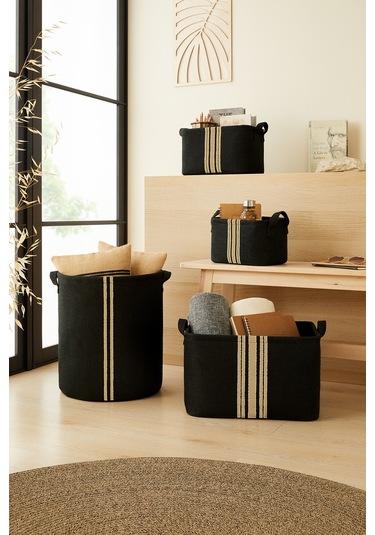 Ocean Home Textile Çizgili Siyah Renk Jüt Sepet 24 x 17 x 14 cm