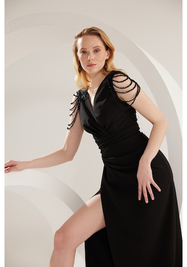 Doridorca Kadın Büyük Beden Kruvaze Yaka Kolları Taş Ve Süsleme Detaylı Abiye Elbise 6092 Siyah