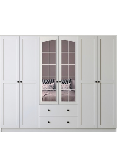 Side Rose 6 Kapak 2 Çekmece Aynalı Mega Gardırop Beyaz