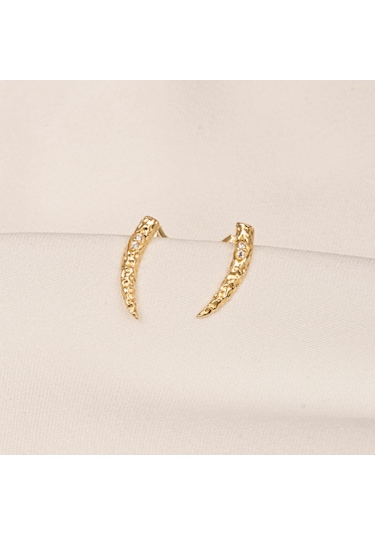 Altın Küpe - 14 Ayar Altın Minimal Taşlı Dövülü Küpe Sarı