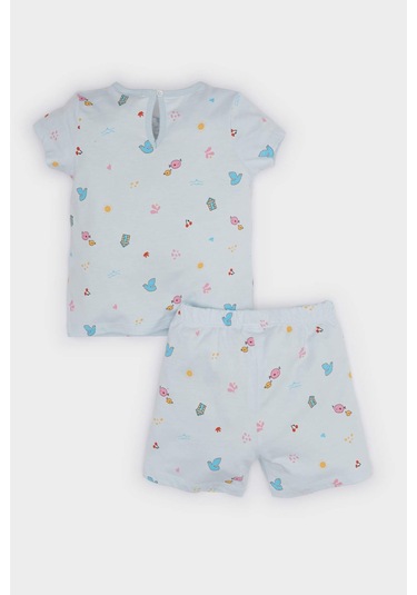 DeFacto Kız Bebek Pijama Takımı Desenli Kısa Kollu Penye Üst Beli Lastikli Şort E9603A525SMBE61 Mavi