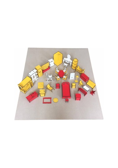 Ahşap Oyun Evi 80Cm 21 Eşya Sarı-Kırmızı Led Işıklı