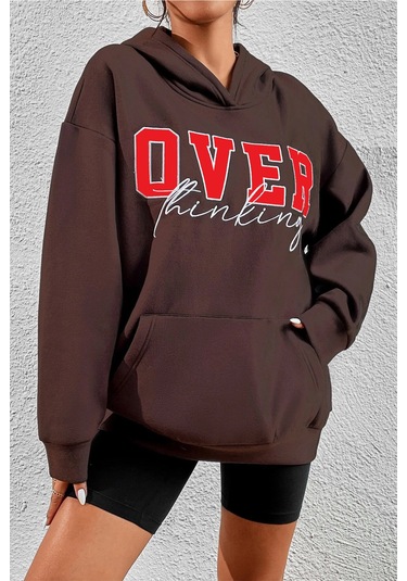 Over Thinking Baskılı Sweatshirt Kahverengi