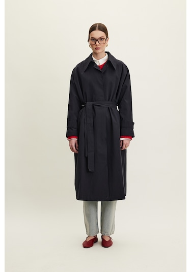 Kemerli Oversize Gabardin Trençkot Lacivert Lacivert