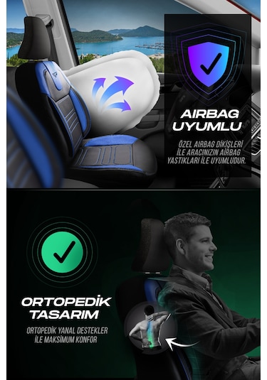 Siyah - Mavi Garni Panda Rodos Serisi Deri Ortopedik Oto Koltuk Kılıfı - Tam Set