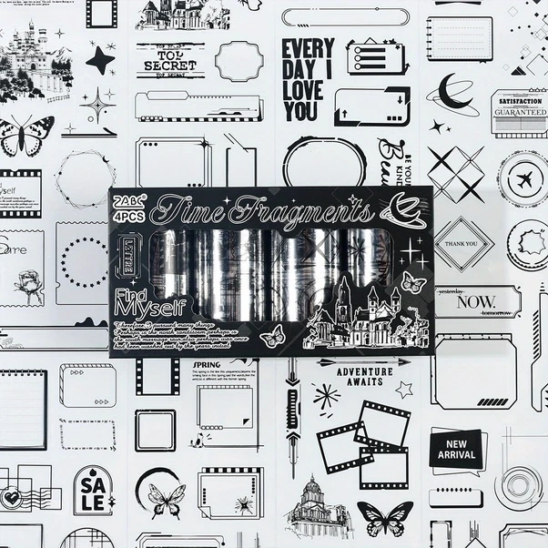 Gateesat 4 Rulo Zabc Zaman Parçacıkları Dekoratif Şerit Su Geçirmez Pet Scrapbooking Günlük Dıy