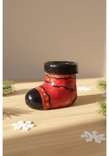 Kırmızı Bot Formlu Seramik Şamdan Çok Renkli