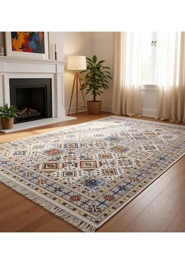 Renkli Etnik Desen Modern Halı Dekoratif Kilim Ekru