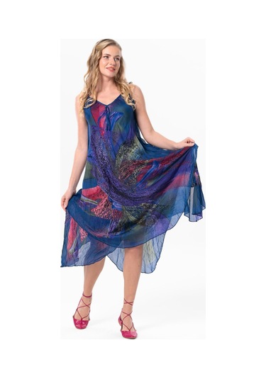 Askılı Vual Afrodit Midi Boy Yazlık Elbise Saks 6209 - Kadın Saks Mavisi