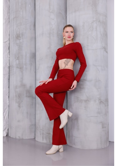 Kadın İspanyol Paça Pantolon Uzun Kollu Parmak Geçirmeli Crop Takım Bordo