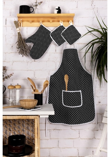 4 Lü Mutfak Çeyiz Seti Mutfak Önlüğü , Fırın Eldiveni Ve Tutacak Takımısiyah Puantiye
