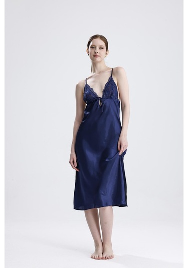 Laperissa Kadın Saten Dantelli Lacivert Gecelik Lacivert