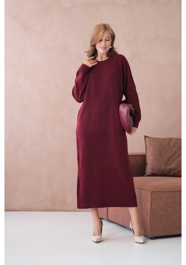 Kadın Bisiklet Yaka Yumuşak Dokulu Maksi Boy Şardonlu Oversize Triko Elbise 8324sw Bordo