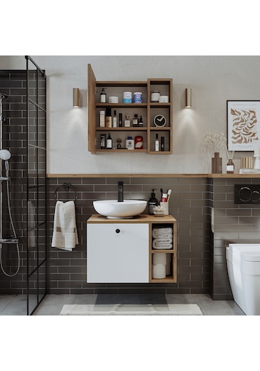 Lotus Lavabolu Mdf 65 Cm Banyo Dolabı + Aynalı Dolap Atlantik Çam - Beyaz