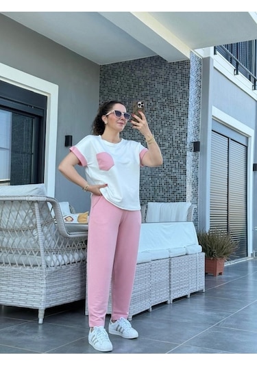 Defymoda Kadın Kristal Kumaş Garnili Cep Detaylı Ikili Takım Pembe