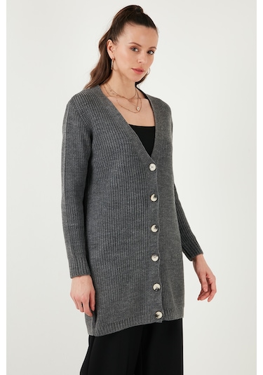 Lela Regular Fit V Yaka Düğmeli Triko Örme Uzun Bayan Hırka 4615044 Koyu Gri