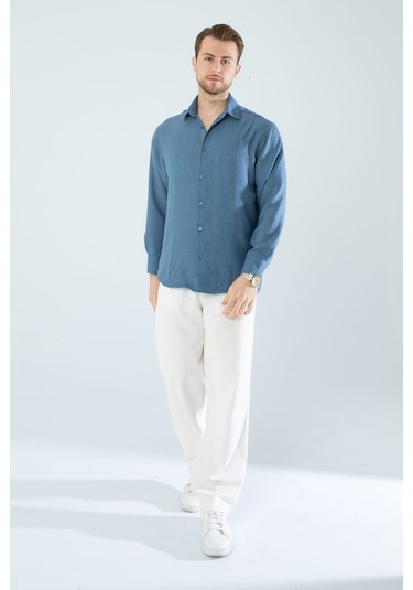 Rahat Kesim Keten Dokulu Gömlek Mavi