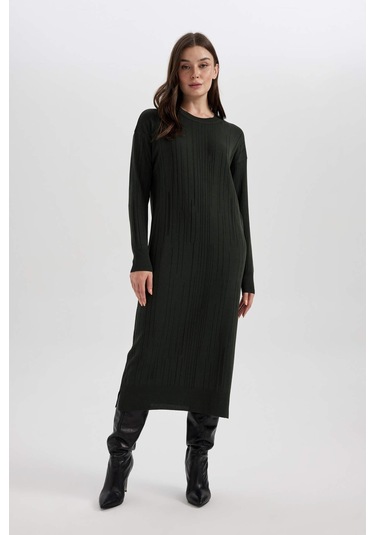 Defacto Regular Fit Bisiklet Yaka Basic Düz Uzun Kollu Krep Midi Triko Elbise A9806AX23WNKH414 Haki