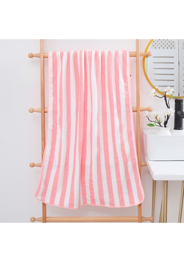 Vkemall Pembe Geniş Çizgili Mikrofiber Havlu Seti - Yumuşak, Suyu Hızlı Emici, Banyo/plaj İçin 35x75 Cm + 70x140 Cm 2 M