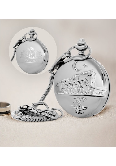 Hediye Vakti Kişiye Özel TCDD Tren Kabartmalı 20 MM Silver Köstekli Cep Saati