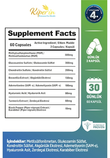 Kiperin Flexura Eklem Glukozamin, Msm, Kondroitin, Akgünlük, Sam-e, Hyaluronik Asit 60 Kapsül