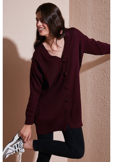 Lela V Yaka Düğmeli Uzun Triko Bayan Hırka 4616040Y Bordo