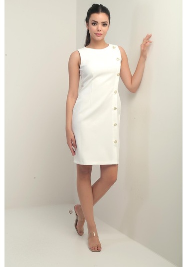 Kadın Kendinden Telalı Yan Düğmeli Kısa Elbise-41015 Ekru