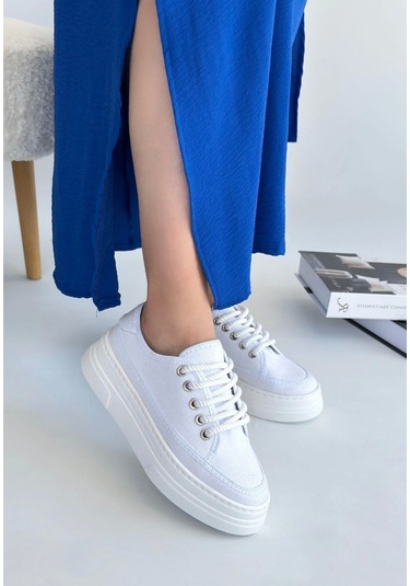 Carin Beyaz Keten Bağcıklı Spor Ayakkabı Beyaz