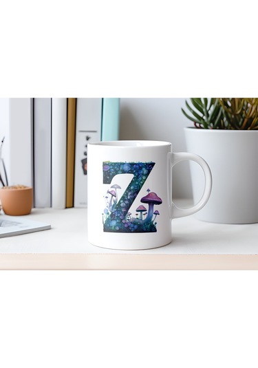 Z Baş Harfi Fantastik Mantarlı Kupa Bardak - Kişiye Özel Masalsı Bardak - Hediye Beyaz