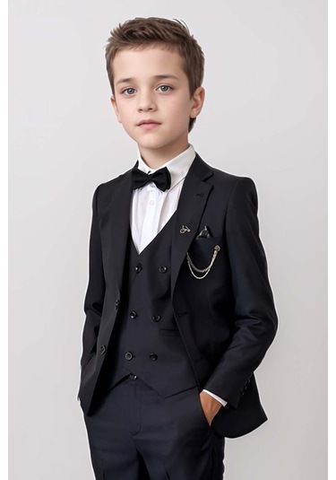 Riccotarz Blazer Ceketli Cepken Yelekli Erkek Çocuk Takım Elbise Siyah