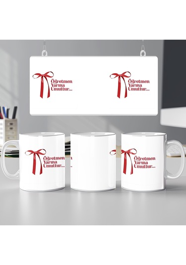 Öğretmenler Günü Kupa Bardak Öğretmen Yarına Umuttur Yazılı Kırmızı Kurdele Tasarımlı Hediye Beyaz