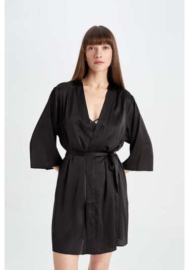 DeFacto Regular Fit Wrap Yaka Saten Yarım Kol Sabahlık-Fall in Love B8856AX24HSBK27 Siyah