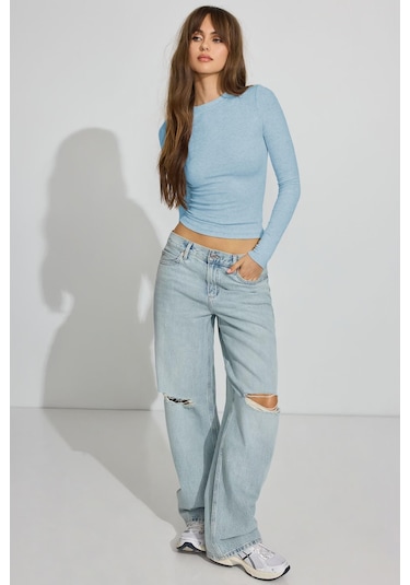 Madmext Mavi Bisiklet Yaka Slim Fit Kadın Body Mg2564 Mavi