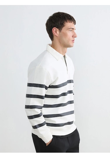 Lc Waikiki Beyaz Polo Yaka Çizgili Erkek Kalın Sweatshirt
