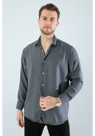 Rahat Kesim Keten Dokulu Gömlek Füme